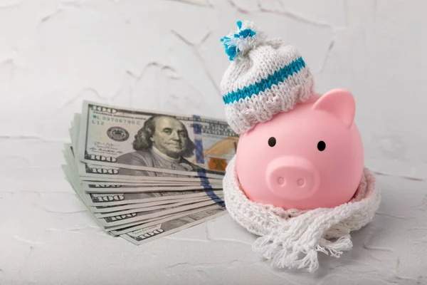 Savings concept. Piggy bank and money on gray texture background. A piggy bank in a warm winter hat that keeps you warm. Heat saving concept. Place for text. copy space