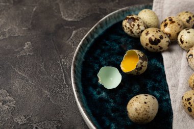 Siyah desenli bıldırcın yumurtaları. Tam ve kırık bıldırcın yumurtaları. Doğal ürünler. Mesaj için yer. Taze bıldırcın yumurtası. Protein. Kalsiyum.