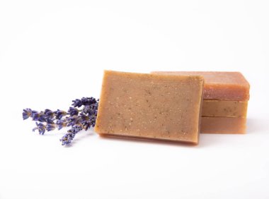 Natural soap with lavender extract. Handmade soap with lavender flowers isolated on white background. spa and relaxation concept.Aromatherapy.Flat lay.Place for text.Place for copy.