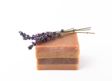 Natural soap with lavender extract. Handmade soap with lavender flowers isolated on white background. spa and relaxation concept.Aromatherapy.Flat lay.Place for text.Place for copy.