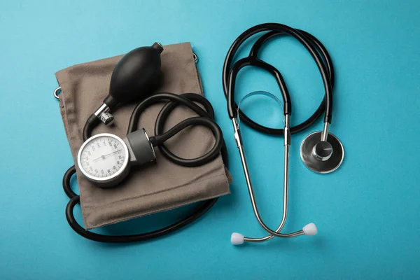 Gray Tonometer Blue Background Medical Equipment Blood Pressure Monitor Healthcare — Foto de Stock