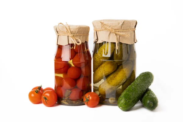 Jars Pickled Vegetables Pickled Food Jars Pickled Vegetables Cucumbers Tomatoes — Stock Photo, Image