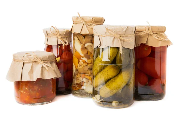 Jars Pickled Vegetables Marinated Products Assortment Homemade Jars Various Pickled — Stock Photo, Image