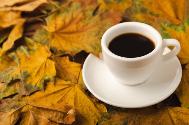 Sonbahar. Ahşap bir masada sonbahar yaprakları ve bir fincan sıcak kahve. Mevsimlik, sabah kahvesi, pazar dinlendirici ve durgun hayat kavramı. Sonbahar kompozisyonu yatıyordu. Haftasonu konsepti..