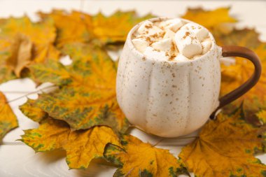 Sonbahar hala hayattır. Tahta bir masanın üzerinde marşmelov ve akçaağaç yapraklı kakao. Sonbahar mevsimi konsepti. Rahatlamak için ılık bir içecek, sonbahar hafta sonu havası. Mesaj için yer. Kopyalanacak yer. Düz yatıyordu