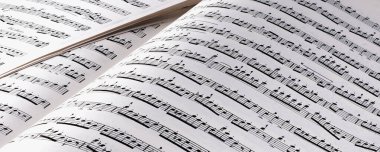Müzik kitabı siyah beyaz notalarla açılır.