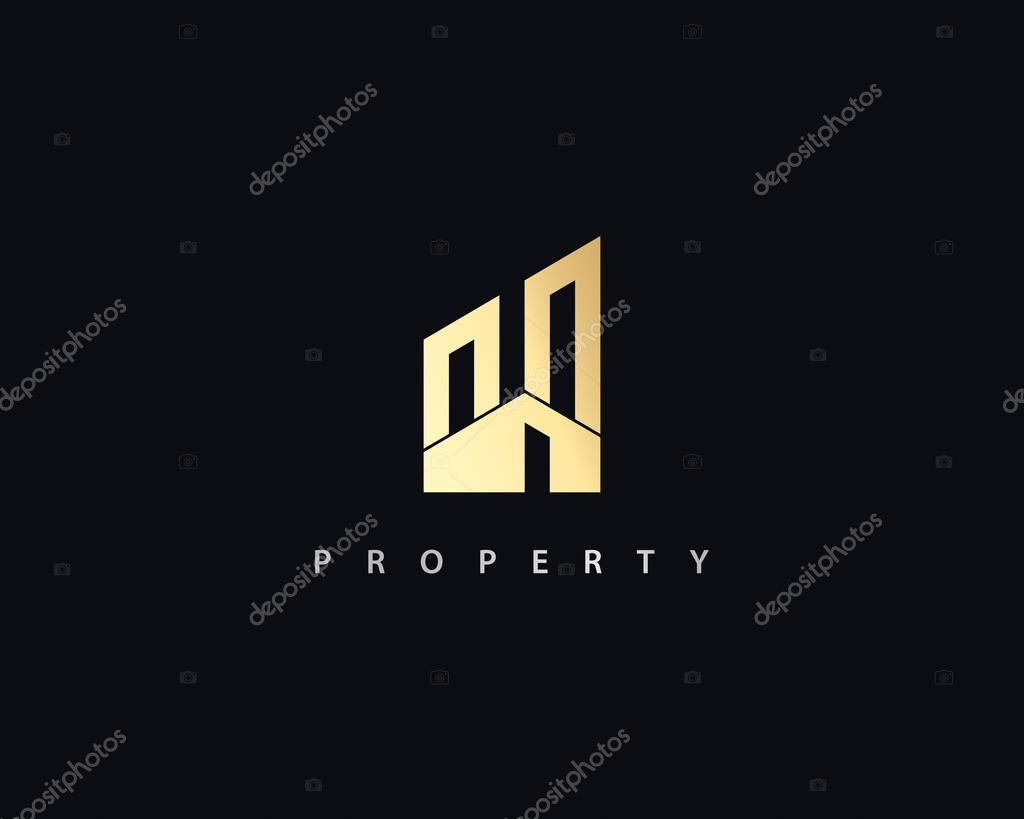 Luxury gold real estate, building, architecture, property, skyscrapers, structure, construction and planning  logo design template.