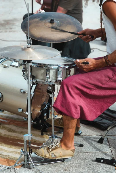Side View Black Man Playing Percussion Instrument Street Vertical Close — Stock Photo, Image
