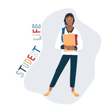 Kitaplı homo öğrenci. Hoş düz karakter. Beyaz arka planda harflerle izole edilmiş genç bir eşcinsel. Eğitim web sitesi için güzel tasarım 