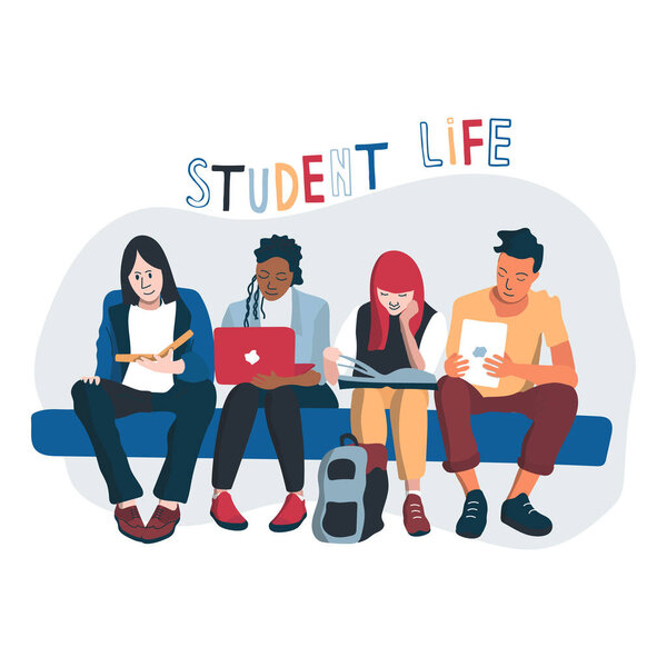 Два мальчика и две девочки сидят, читают что-то на ноутбуке и читают книги. Друзья учатся на открытом воздухе. Векторная иллюстрация для университетов и стартапов