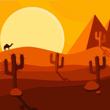 Mısır 'da gün batımı. Deve dişli geliyor. Büyük gölgeli kaktüs. Oyun için arkaplan