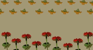 Pastel briç arka planına karşı varius bahar kırmızısı ve sarı çiçekli yaratıcı desen. Asgari doğa kavramı.