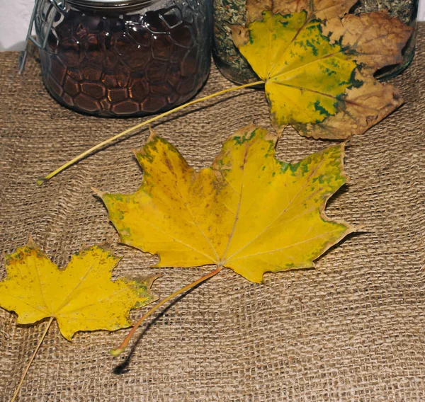 Glass Bottles Ground Coffee Teas Yellow Leaves Table Autumn — Stock Photo, Image