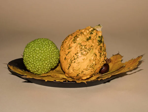 Maclura Pomifera Fruta Verde Con Hojas Calabaza Amarilla Sobre Mesa —  Fotos de Stock