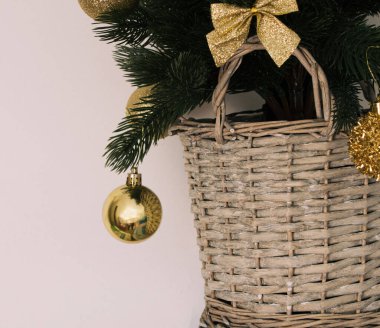 Oğlanın Noel ağacı bej arka planda altın süslemelerle süslenmiş.. 