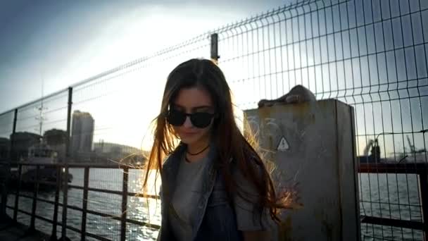 日落时分 一个头发飘扬的年轻漂亮的姑娘站在港口城市海边的一个码头上 慢动作 — 图库视频影像