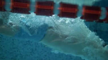 Adam yüzme yarışmalarında mavi suyla yüzme havuzuna balıklama atlıyor..