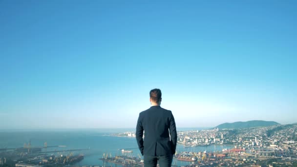 Elegante Empresário Sucesso Fica Topo Olha Para Cidade Baía Alta — Vídeo de Stock
