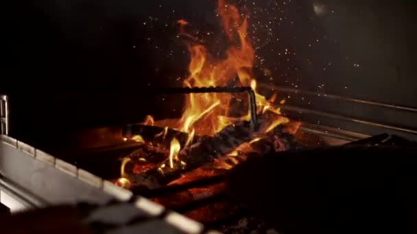 Mięso Szpikulcu Jest Gotowane Grillu Przy Otwartym Ogniu — Wideo stockowe