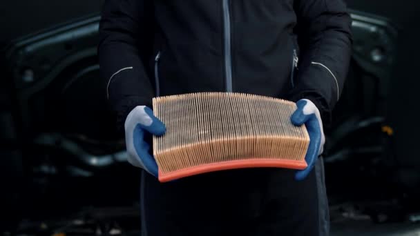 Dirty Old Damaged Aged Car Air Filter Replaced Hands Auto — Stock Video