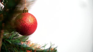 Beyaz arka planda bir Noel ağacının dalında kırmızı bir top parlıyor. Tebrik ve dileklerimi ileten bir kartpostal.