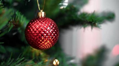 Noel arifesinde yılbaşı ağacının dalında kırmızı Noel balosu. Yakın plan.