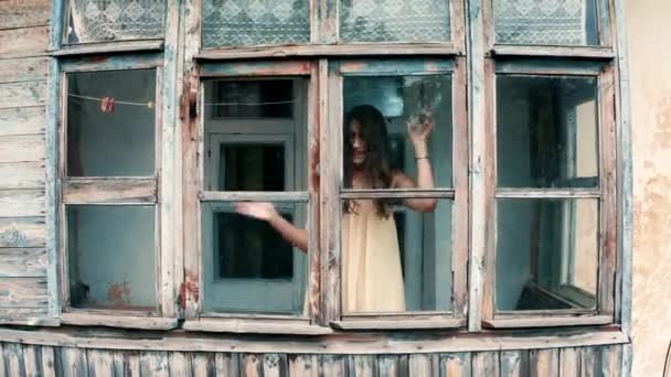 Locked Girl Hysterics Knocks Glass Her Hands Calls Help — Stockvideo