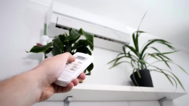 在有绿色室内植物的明亮斯堪的纳维亚风格房间里 用遥控器打开和关闭现代空调机 — 图库视频影像