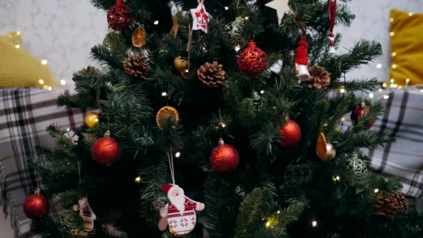 Schöner Grüner Weihnachtsbaum Erstrahlt Heiligabend Mit Hellen Lichtern — Stockvideo