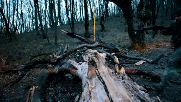 Soldado Camuflaje Con Rifle Salta Sobre Gran Nueve Caído Bosque — Vídeos de Stock