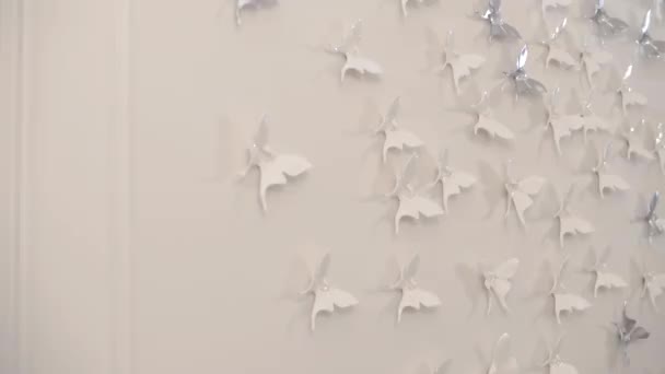 Mooi Stucwerk Vorm Van Decoratieve Vlinders Een Witte Muur Wordt — Stockvideo