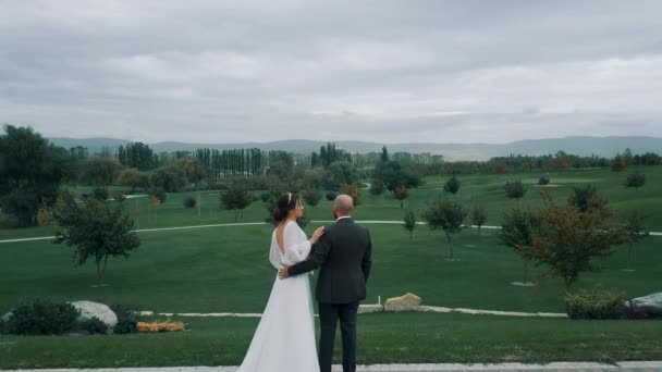 Nowożeńcy Tle Pięknego Ogrodu Krajobrazowego Drzewami Zachmurzonym Niebem — Wideo stockowe