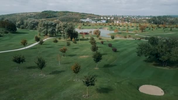 Piękna Panorama Zadbanego Ogrodu Trawnikiem Jeziorkiem Środku Strzał Drona — Wideo stockowe