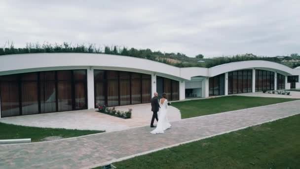 Friss Házasok Sétálnak Háttér Egy Gyönyörű Szálloda Vidéken Modern Stílusban — Stock videók