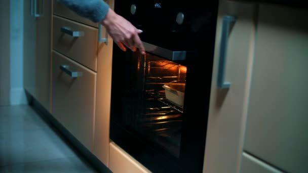 Girl Takes Delicious Evening Meal Out Oven — Stock Video