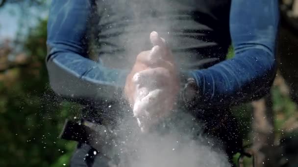 Climber Man Slams His Hands Magnesium Slow Motion — Stock Video