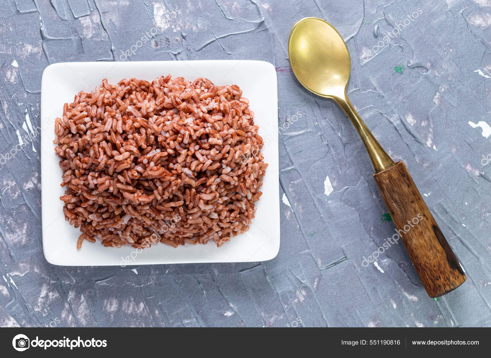 Rice Red Bowl Isolated Blue Grey Background Has Spoon Close Stock Photo