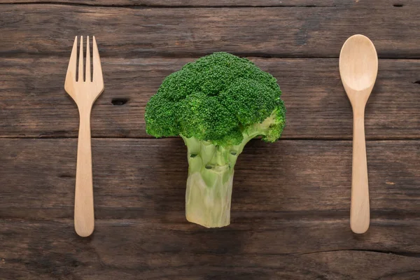 Broccoli Vegetali Interi Legno Cucchiaio Forchetta Vista Dall Alto Mangiare — Foto Stock
