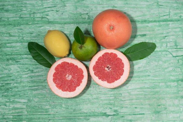 Grapefruit Lemon Orange Watercolor Green Background Top View Healthy Fruit — Stock Photo, Image