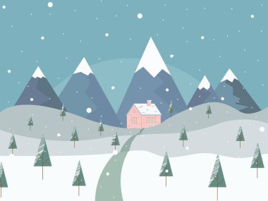 kış kartı, mutlu noeller ve mutlu yıllar, ağaçlar, dağlar, kar, kar, kış atmosferi, dağlardaki ev, kış