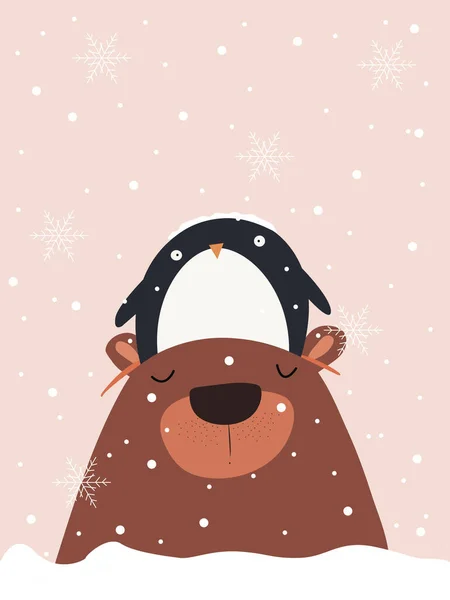 Плакат Новогодняя Иллюстрация Зима Снег Медведь Пингвин Животные Снегом Счастливого — стоковое фото