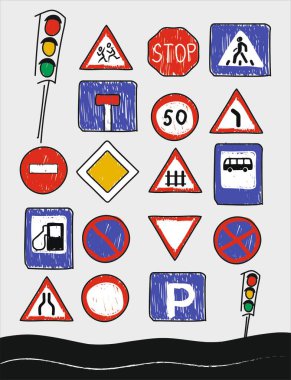 Yol işaretleri, güvenlik kuralları, çocuk çizimleri, trafik ışıkları, yol verin, hız, trafik yasaktır