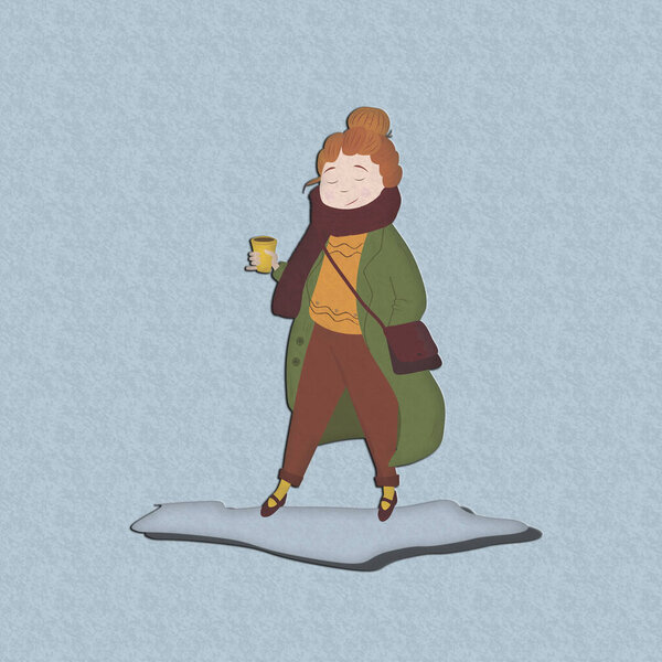 cartoon girl, red-haired girl with a cup of coffee in her hand, illustration of a girl in a coat and scarf