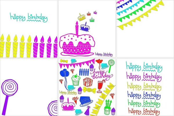 Verzameling Illustraties Voor Verjaardag Vakantie Taart Kaarsen Ballonnen Vlaggen Vuurwerk — Stockfoto