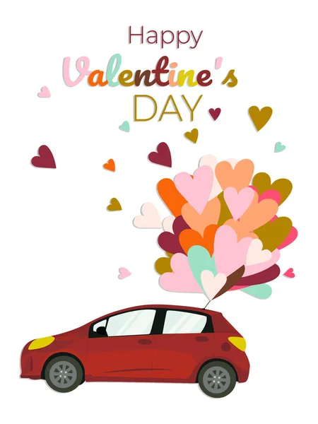 Illustration February Car Hearts Valentine Day Colorful Card Valentine Day — стокове фото