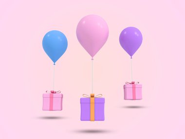 Gaz balonu 3D ikonu ile uçan bir hediye. Hediye 3D Yapılandırma. Doğum günü, yıldönümü, Noel, Sevgililer Günü festivali hediye kutusu
