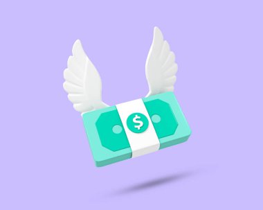 Uçan Para 3D simgesi. Uçan nakit sembolü. Kanatlı uçan dolar. Kanatlı para. Kanatlı para. Nakit destesi 3D Uçan para yığını