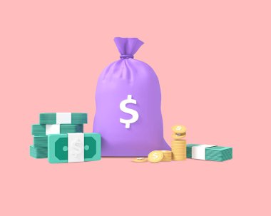 Para çantası nakit ve 3D para ikonu izole edildi. İş ve finans kavramı. Dolar ve altın para yığını. Zenginlik ve bankacılık simgesi.