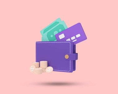 Cüzdanında kredi kartı, banka kartı, bozuk para, para ve 3D ikon var. Para biriktirme, parasız toplum konsepti, ödeme konsepti. 