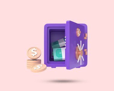 Para dolabı 3D ikonu. Para kasasının 3D sembolü. Nakit ve bozuk para dolabı 3 boyutlu tabelalar. Nakit ve madeni parayla açılmış bir dolap. Para koruması